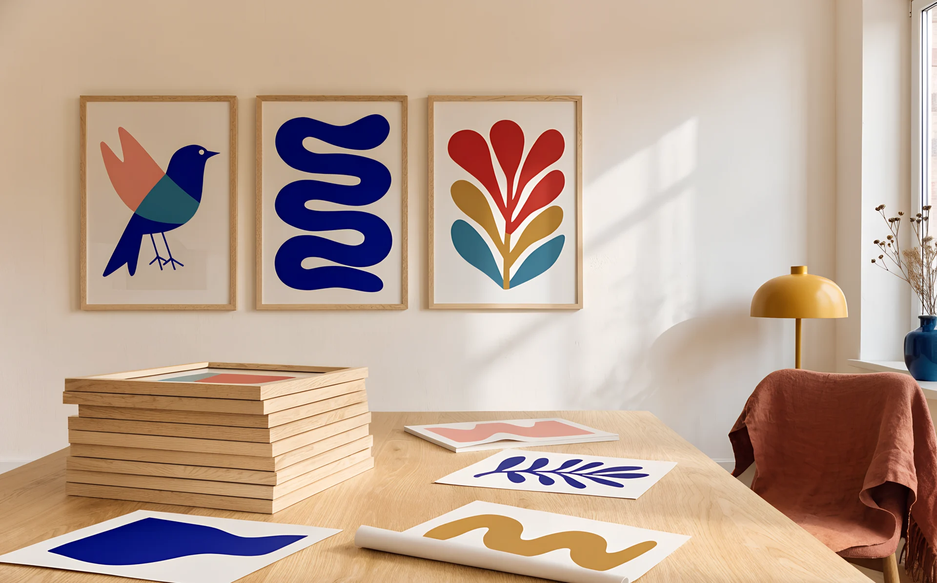 A stack of light oak frames and loose colourful prints on a dining table ready to hang