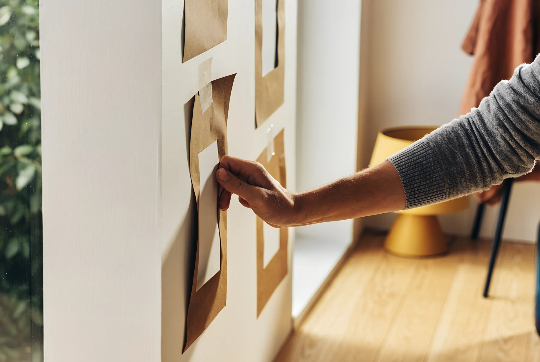 An arm presses a paper frame template flat against a wall