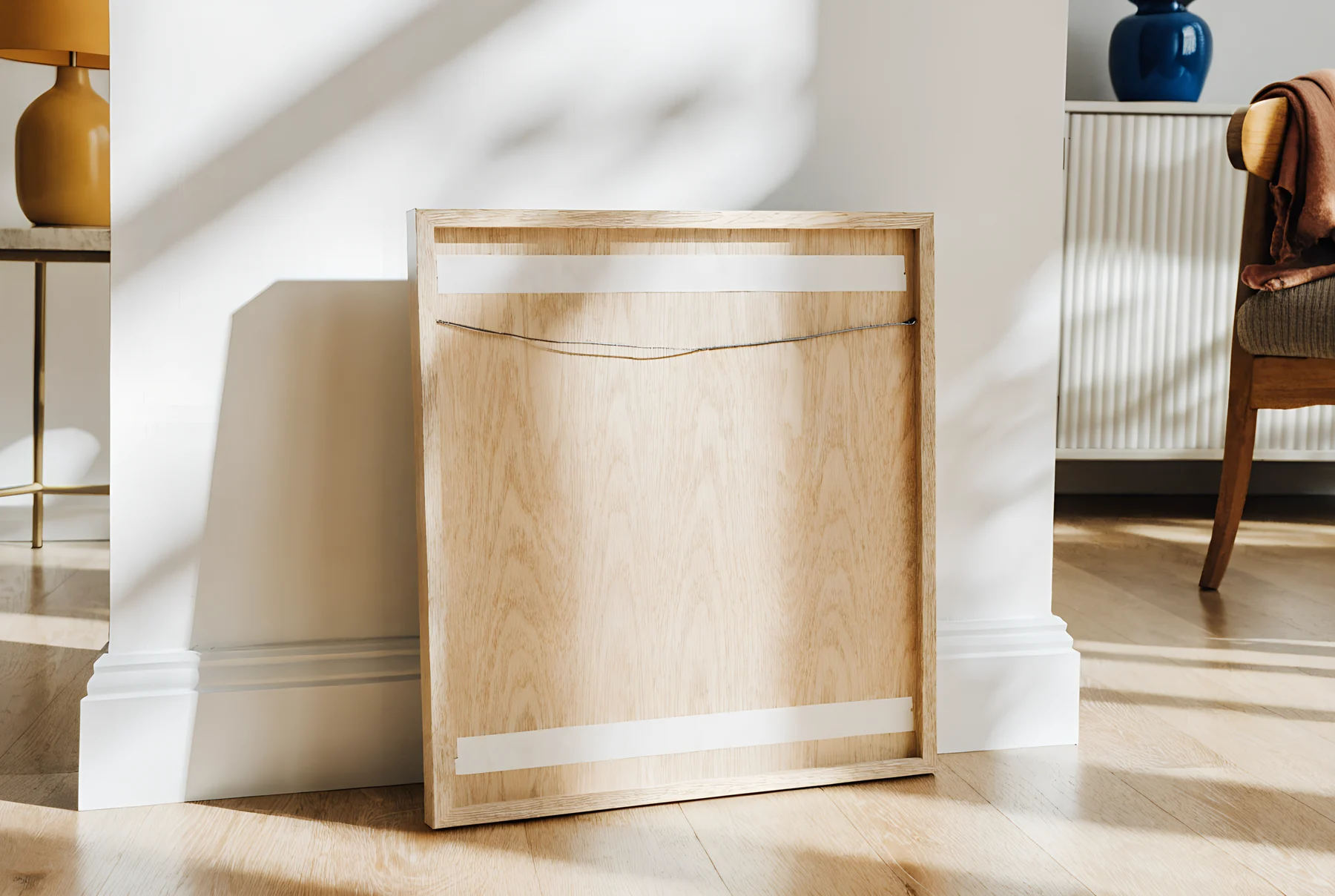 The back of a frame showing adhesive strips and a picture wire
