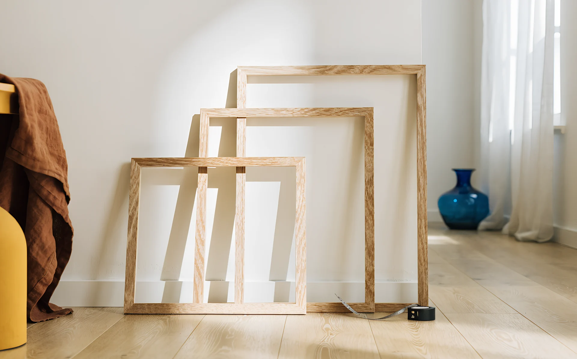 Three empty light oak frames in small, medium and large sizes leaning against a wall