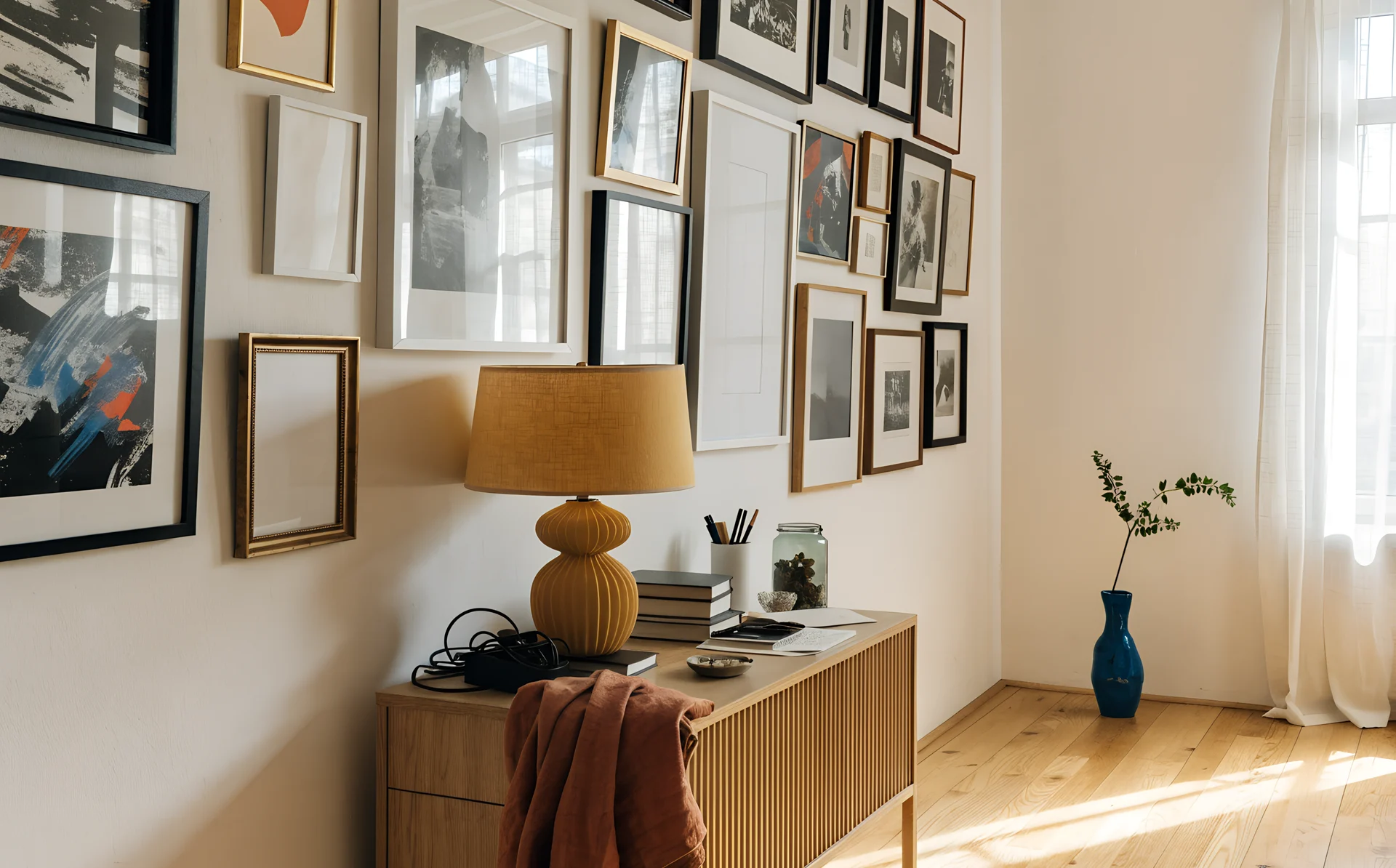 A cluttered gallery wall of mismatched frames and uneven gaps above a sideboard