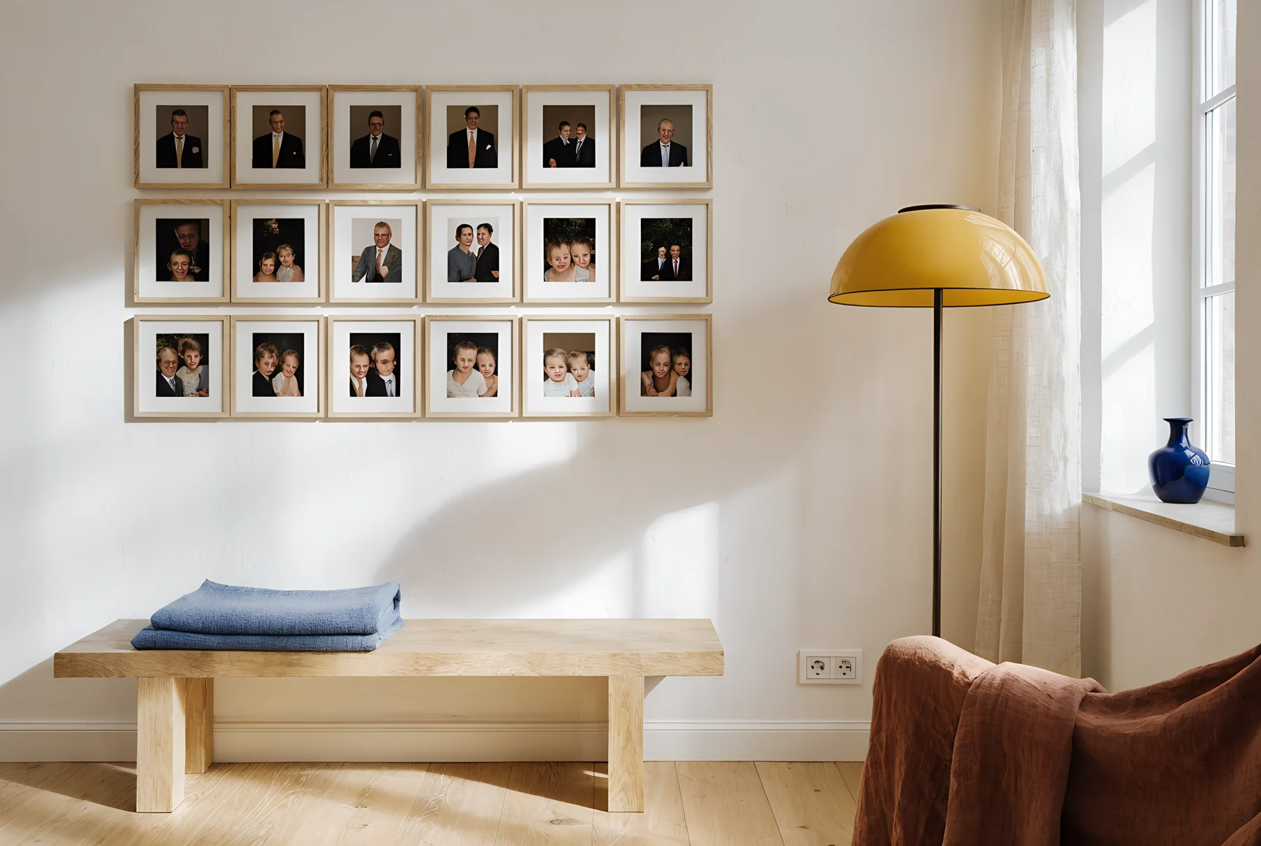 A family photo wall in three bands, one per generation, with a wider gap between the bands
