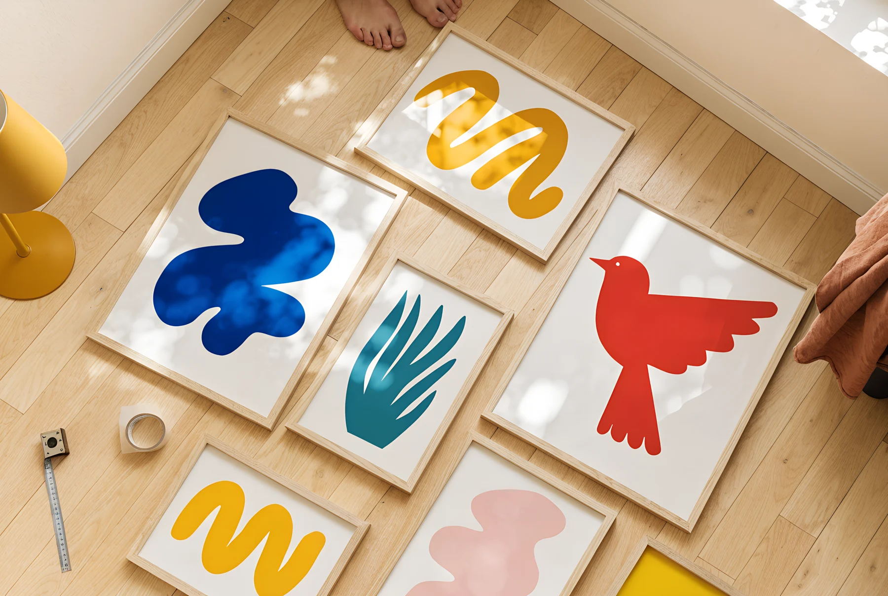 Seven framed colourful prints arranged on the floor to plan a gallery wall layout