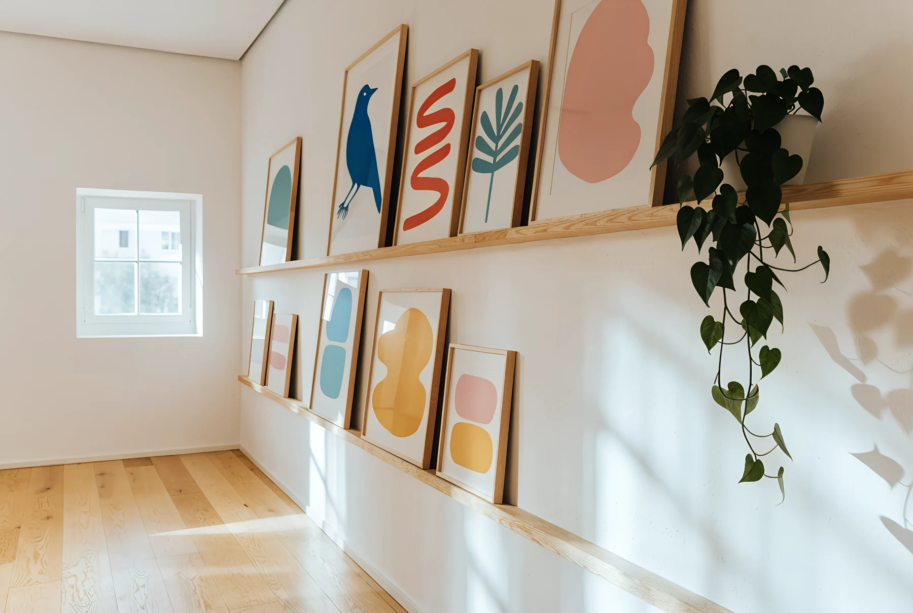 Two picture ledges with framed colourful prints leaning casually