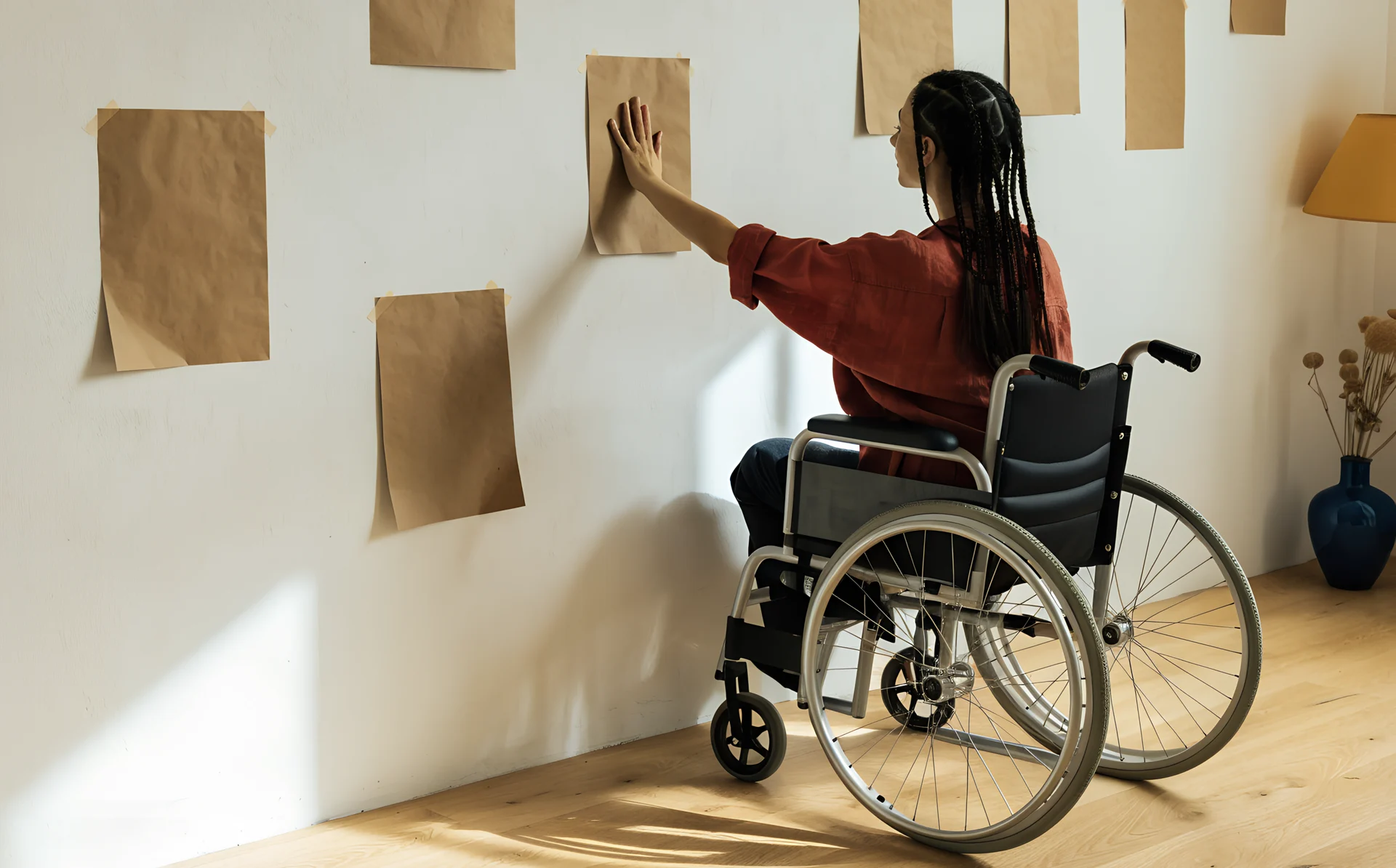 A woman in a wheelchair presses paper frame templates onto her wall to plan a gallery wall