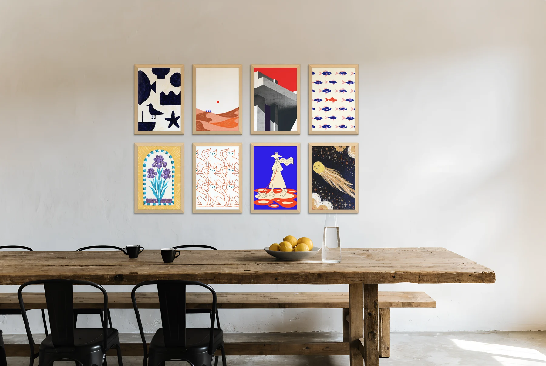 An eight-frame grid above a long wooden dining table