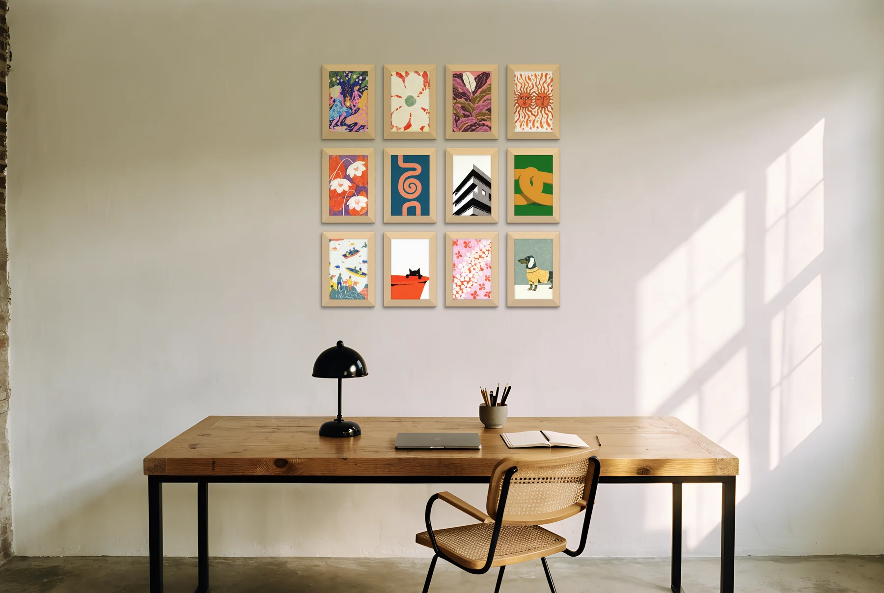 A grid of twelve small colourful prints above a home office desk