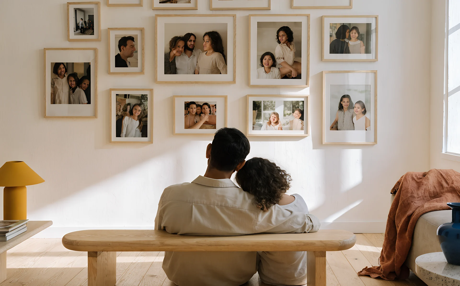 A father and his young daughter sit close together on a bench looking up at their family photo wall