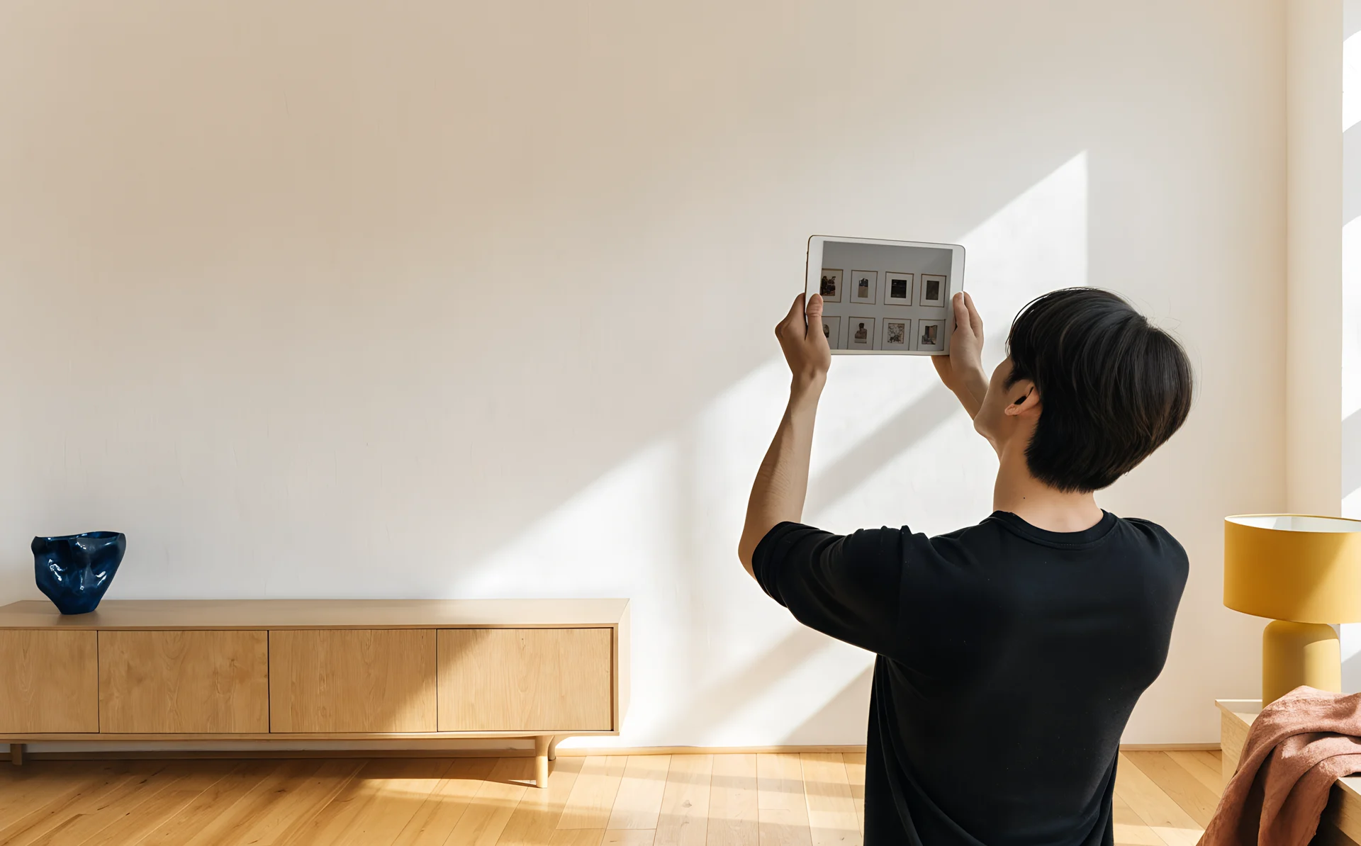A man holds up a tablet to preview a gallery wall on an empty wall
