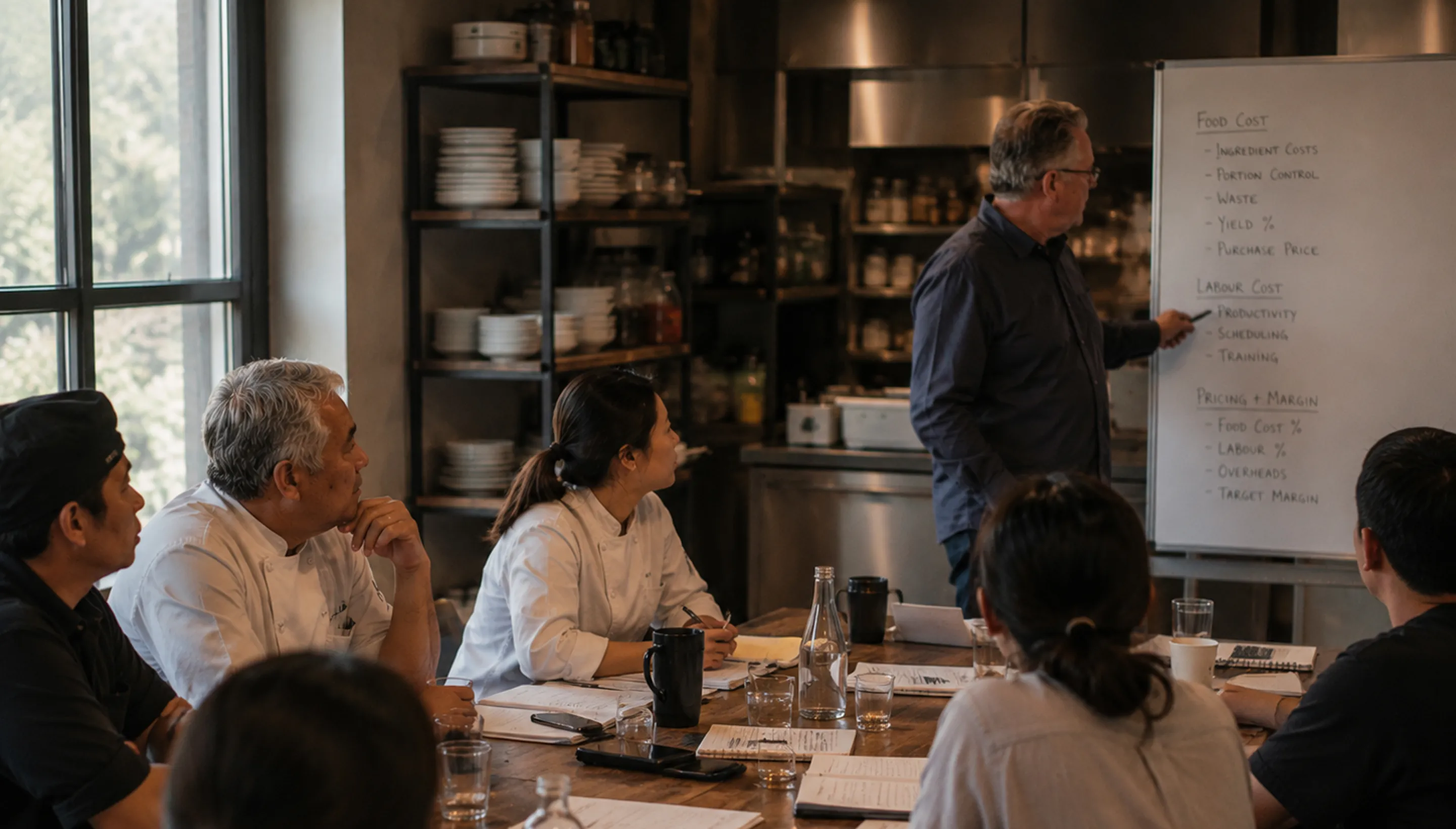 Chef and kitchen staff attentively listen as man presents food cost and pricing details on whiteboard.