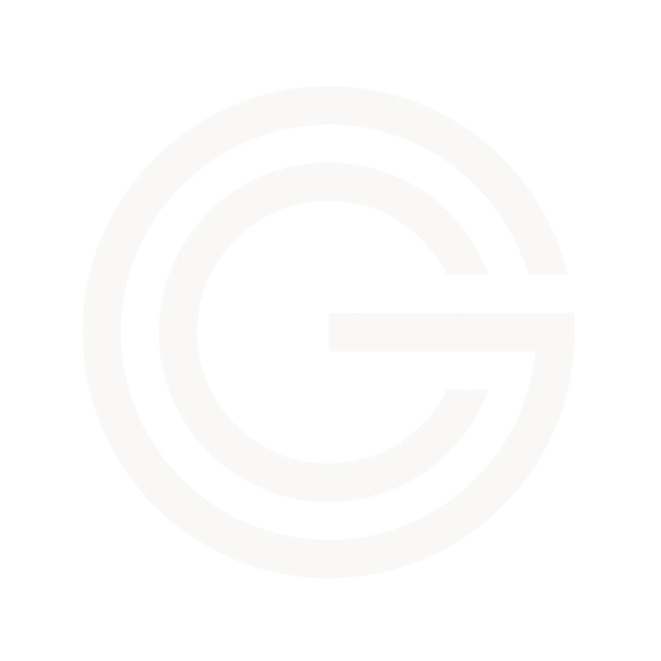 Stylized letter G logo with two concentric circular outlines on a black background.