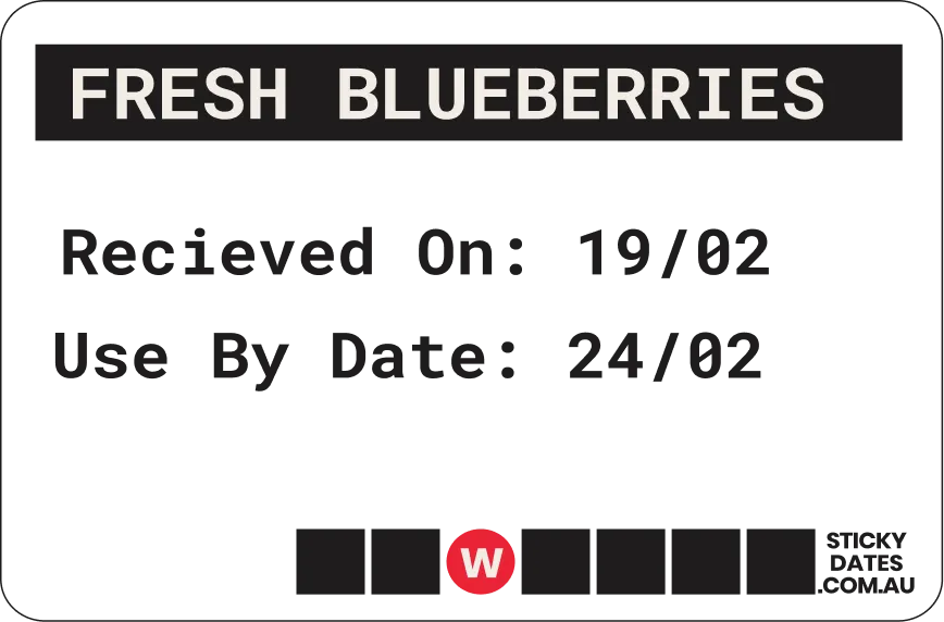 Label reading FRESH BLUEBERRIES with best served and best by date details below.
