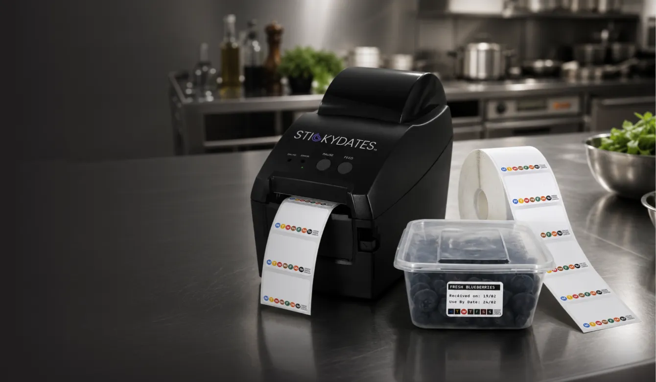StickyDates label printer with printed date labels and a blueberry container labeled with fresh date info.