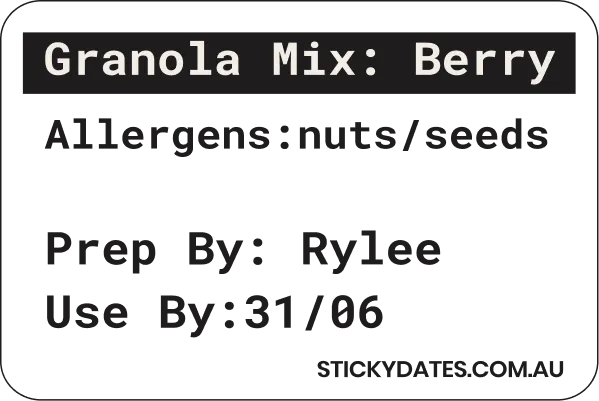Label with text 'Granola Mix: Berry' and smaller text below on black background.
