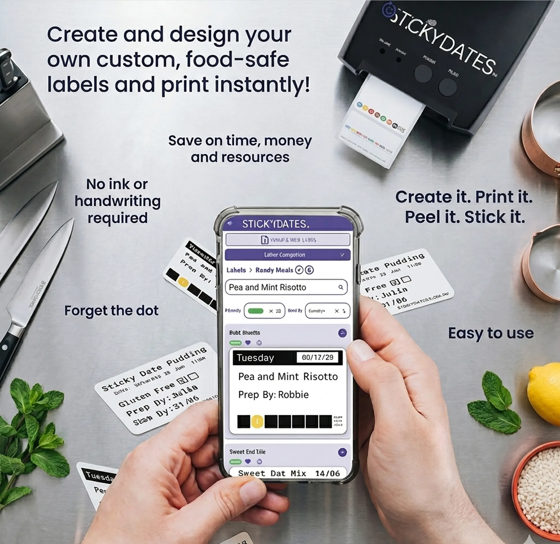 Hands holding phone showing label design app with Stickydates printer and food-safe labels around.
