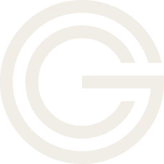 Stylized letter G formed by two concentric, incomplete circular lines in light cream color.