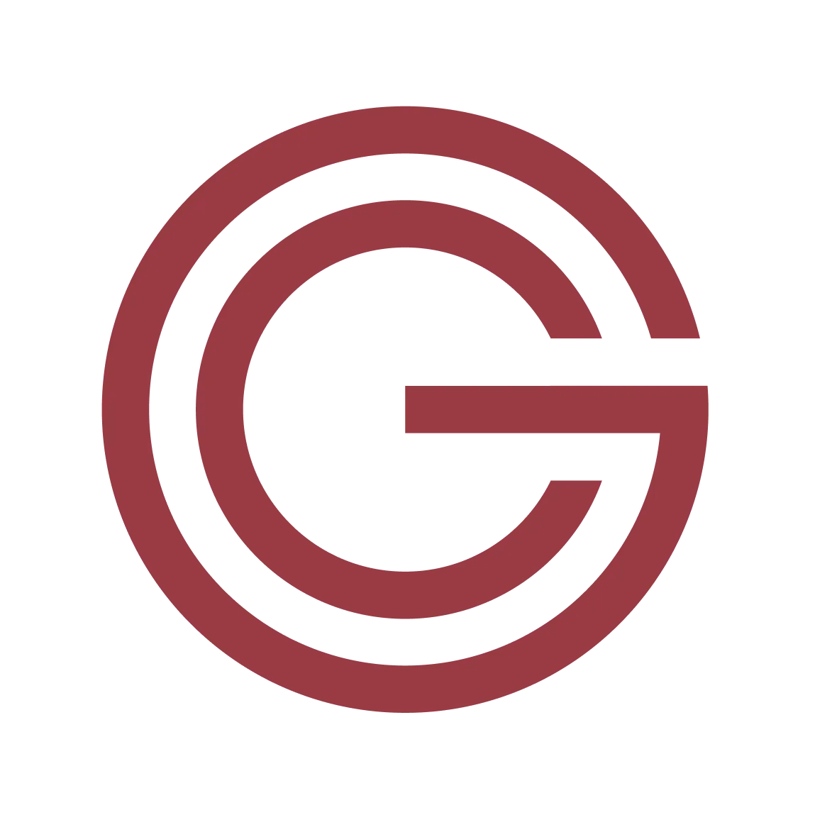 Stylized letter G formed by two concentric red circular lines on black background.