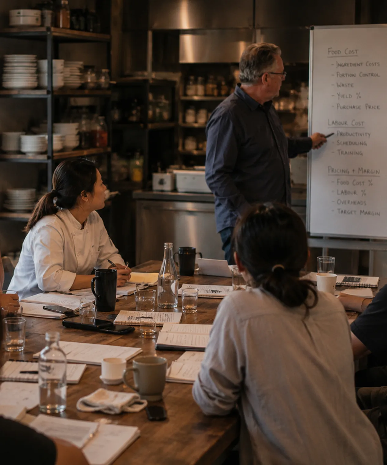 People in a kitchen meeting listening to a man explaining food and labor costs on a whiteboard.