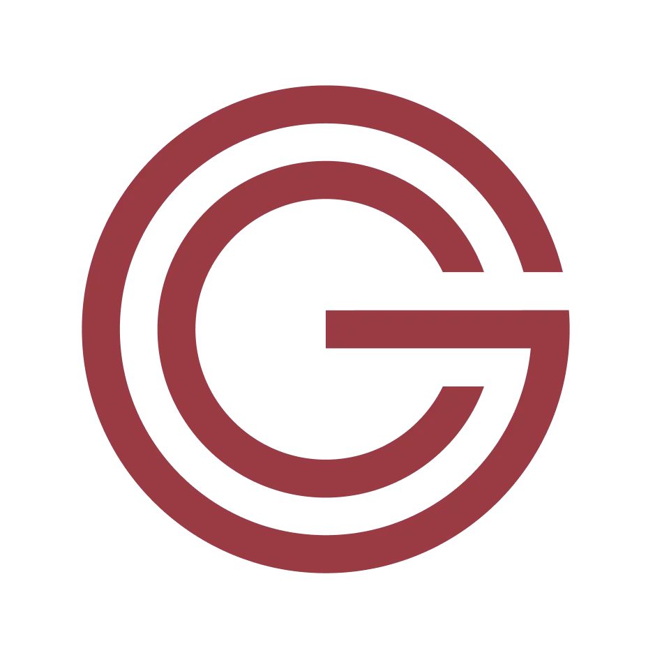 Stylized maroon letter G composed of two concentric circular lines on black background.