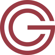 Stylized letter G formed by concentric circular lines in dark red.