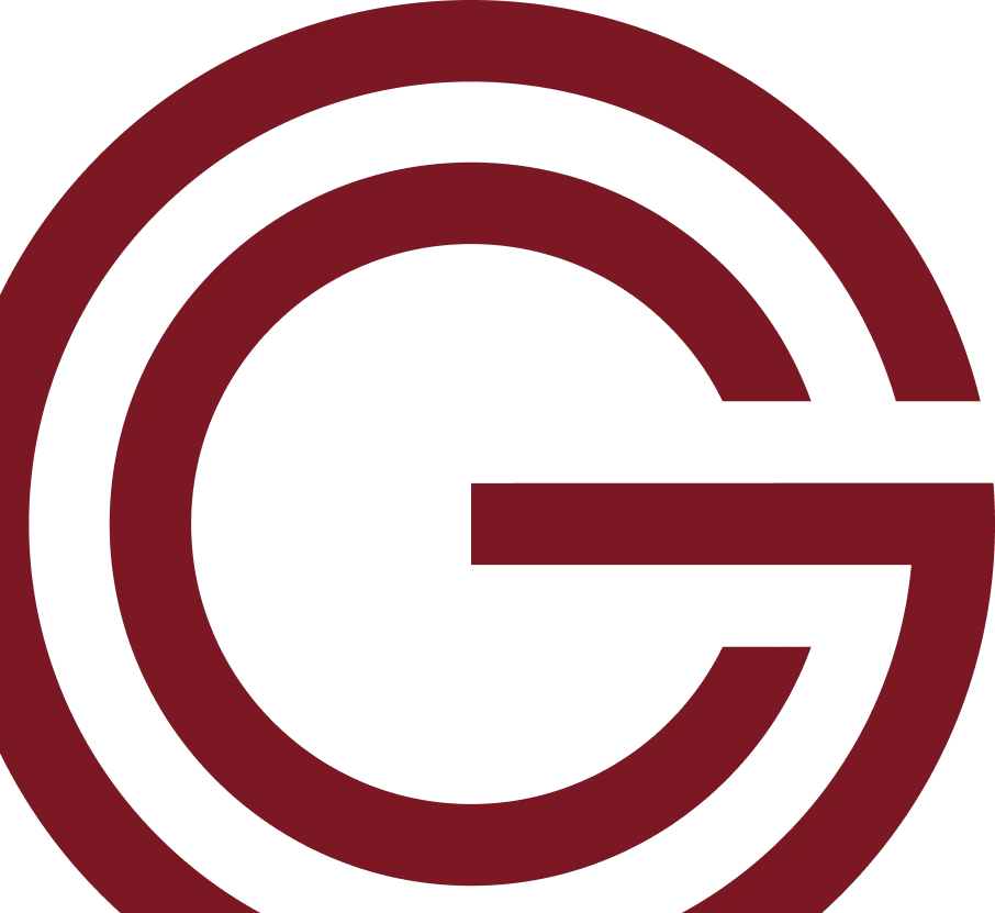 Stylized letter G logo formed by two maroon concentric arcs and a horizontal bar.