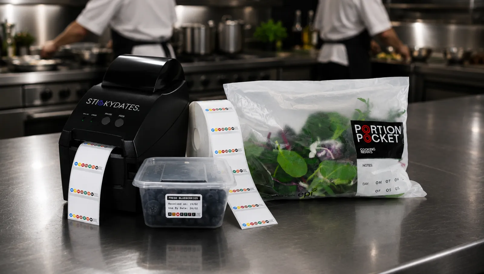 StickyDates label printer beside plastic container of blueberries and portion pocket bag with leafy greens in a kitchen.