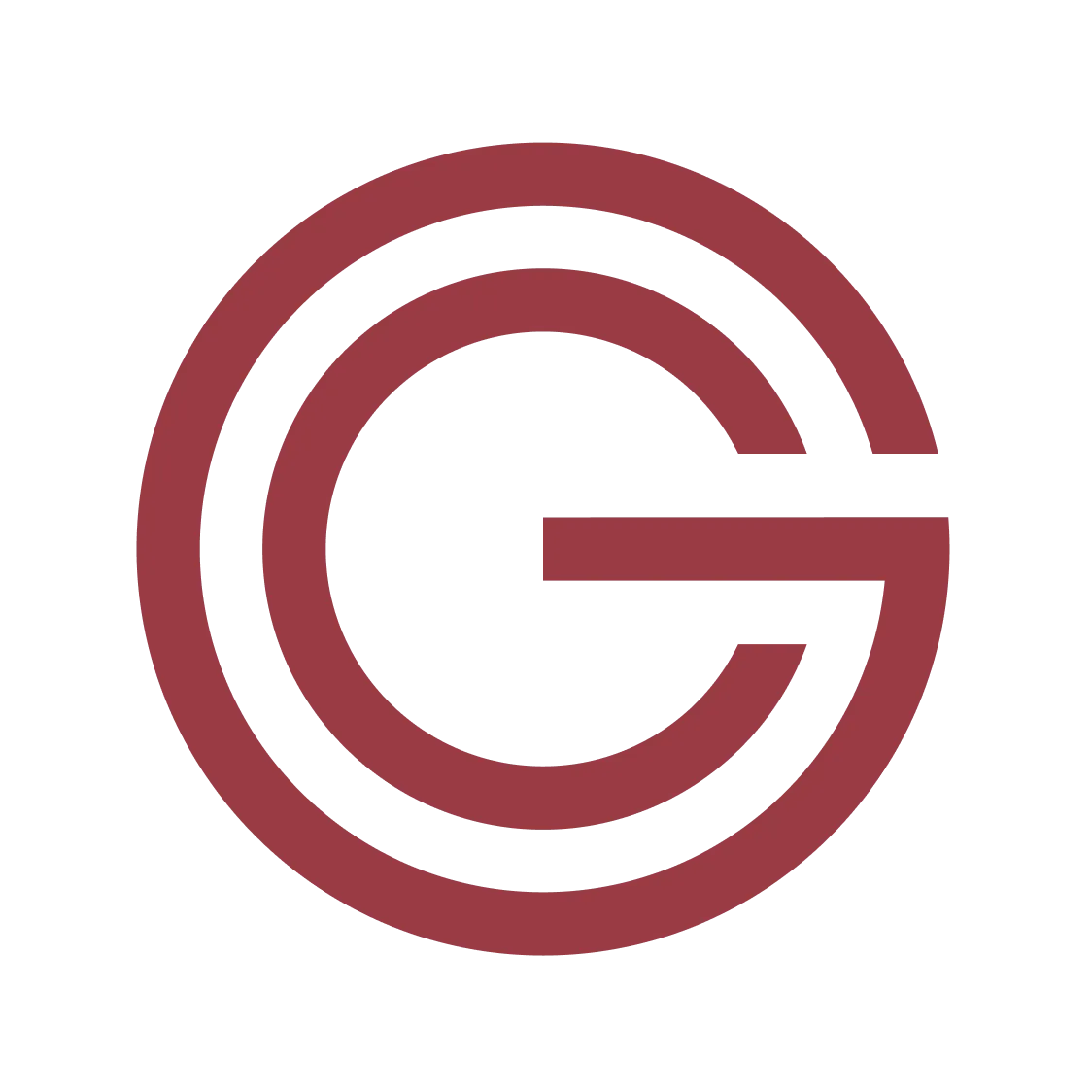 Logo with a stylized maroon letter G inside a circular outline on a transparent background.