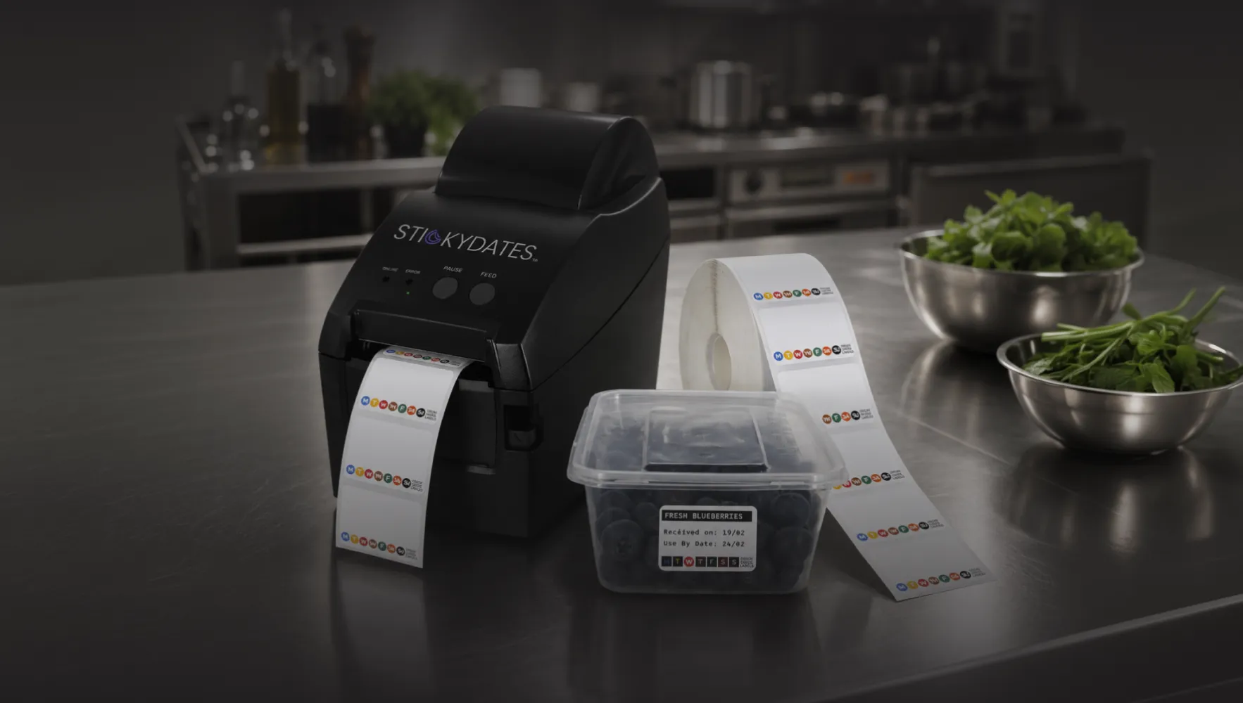 StickyDates label printer with printed food date labels and a container of blueberries on a kitchen counter.