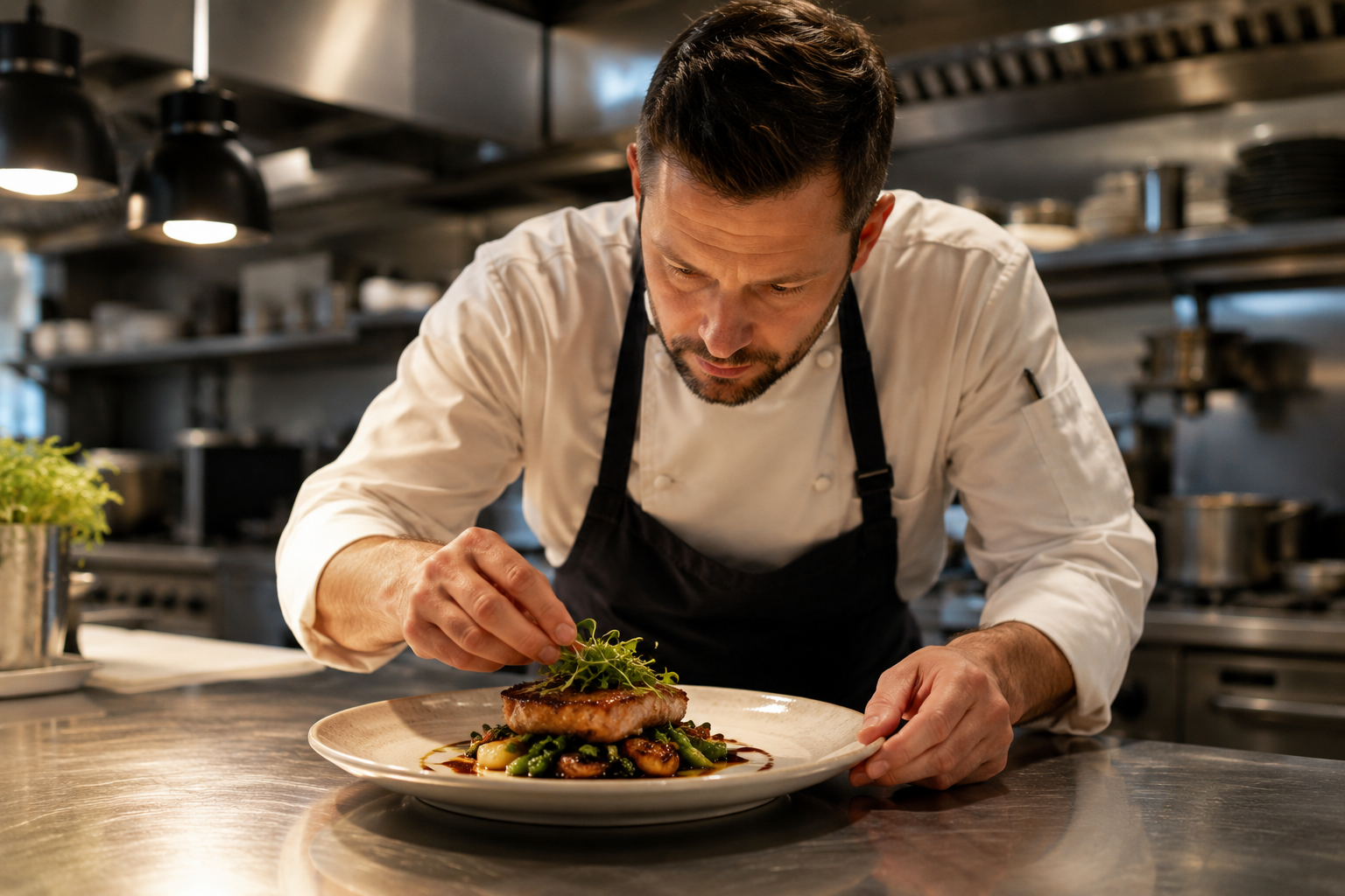 Chef plating or inspecting a finished dish