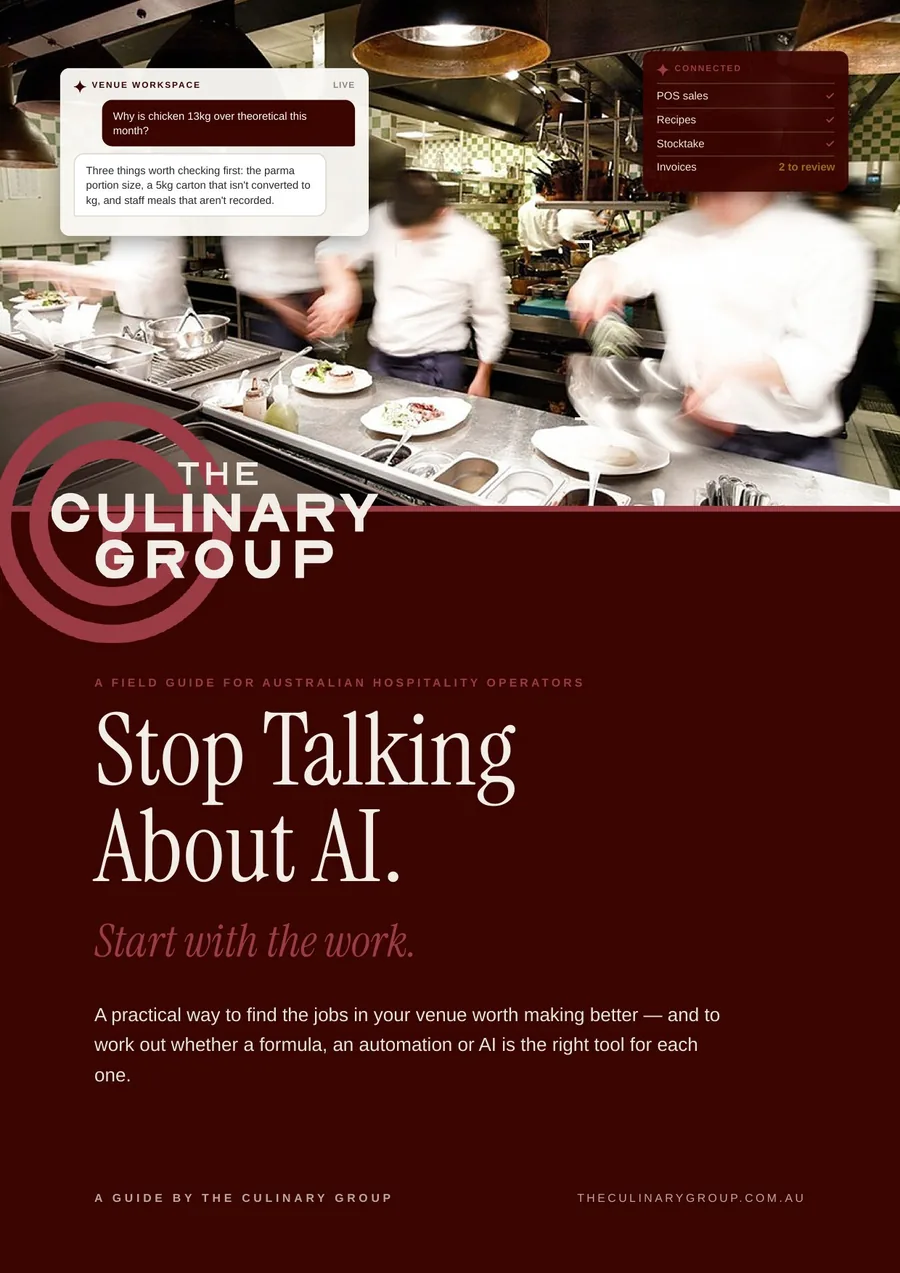 Cover of Stop Talking About AI, a field guide for Australian hospitality operators by The Culinary Group