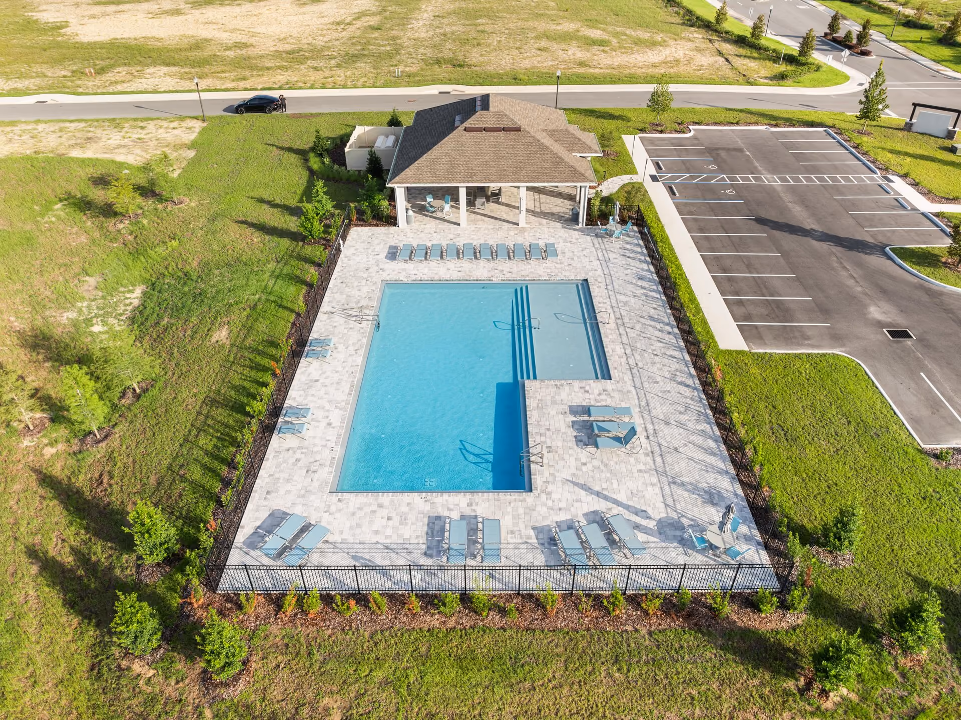 Aerial view of a commercial lap pool with lane markings in Florida