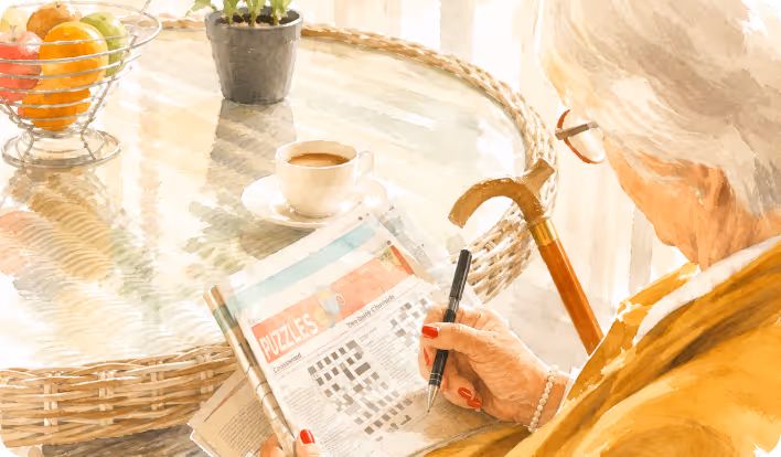 Elderly person solving a crossword puzzle at a glass table with coffee and fruit basket nearby.