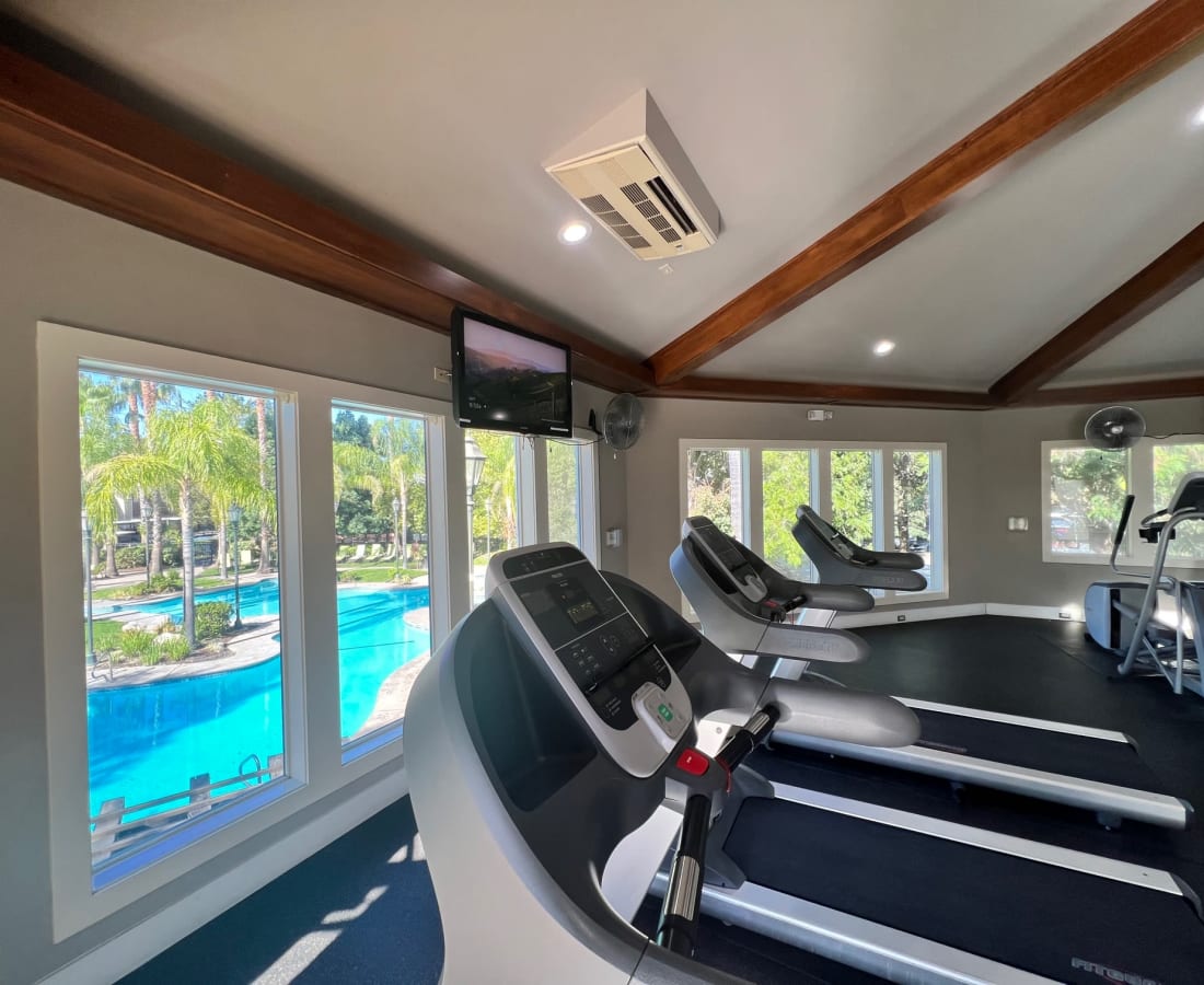 Gym with treadmills near windows with view of pool