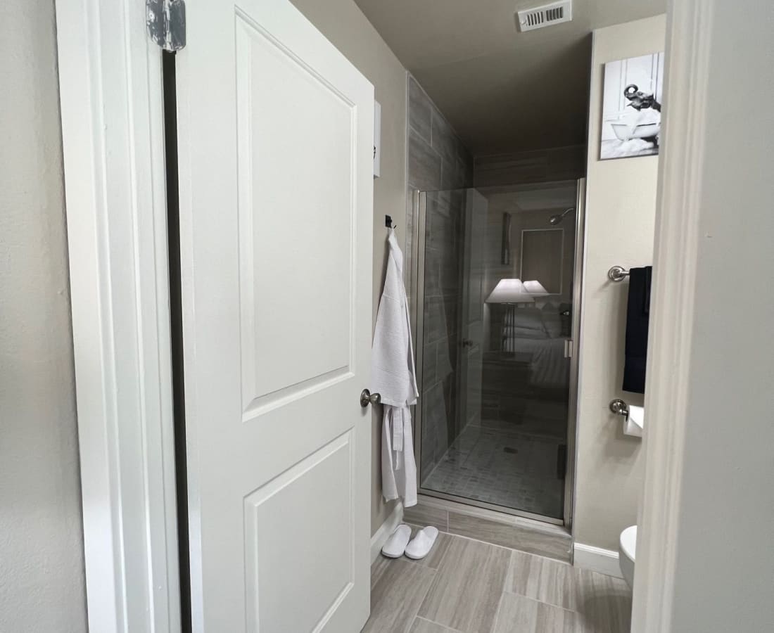Hallway into bathroom