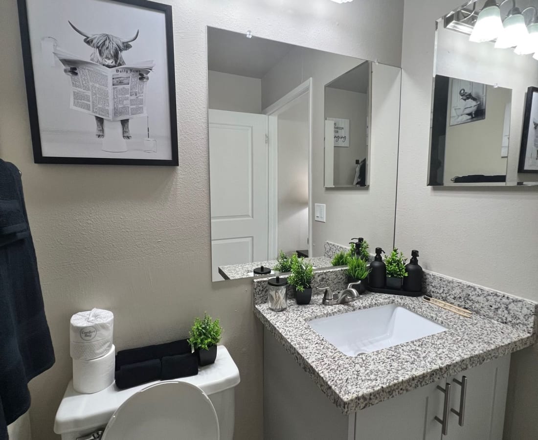 Bathroom with white cabinets and vanity