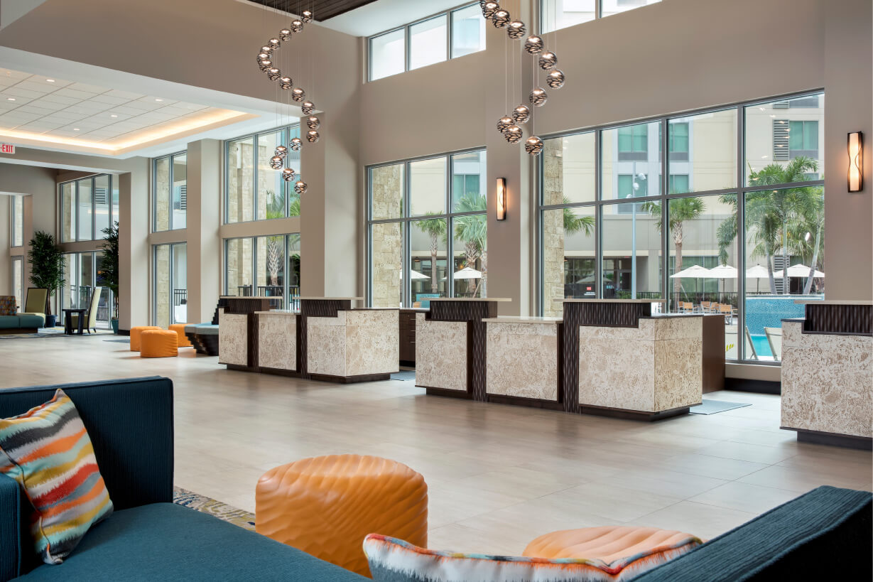 front desk of hotel lobby