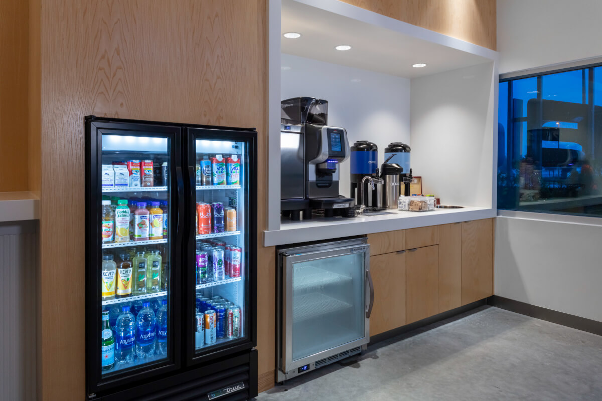 beverage area with coffee and cold drinks