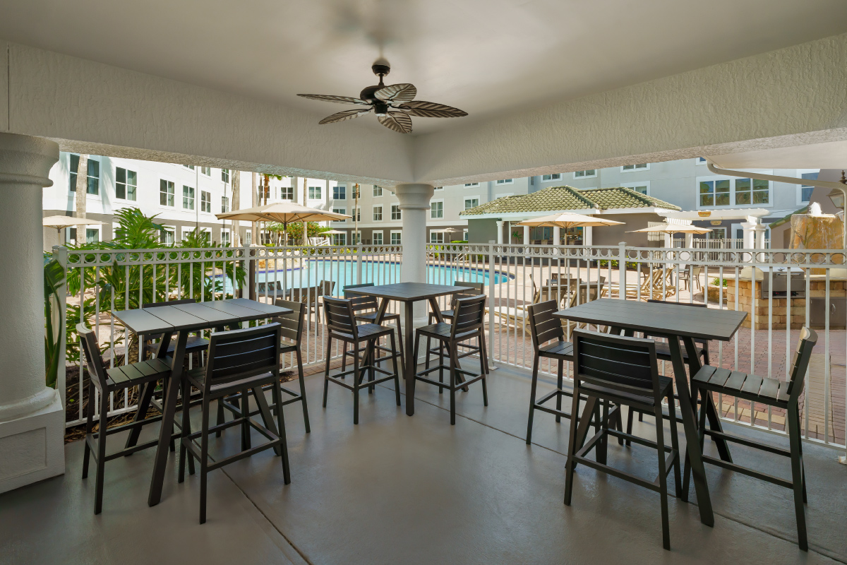outdoor covered seating on terrace next to pool