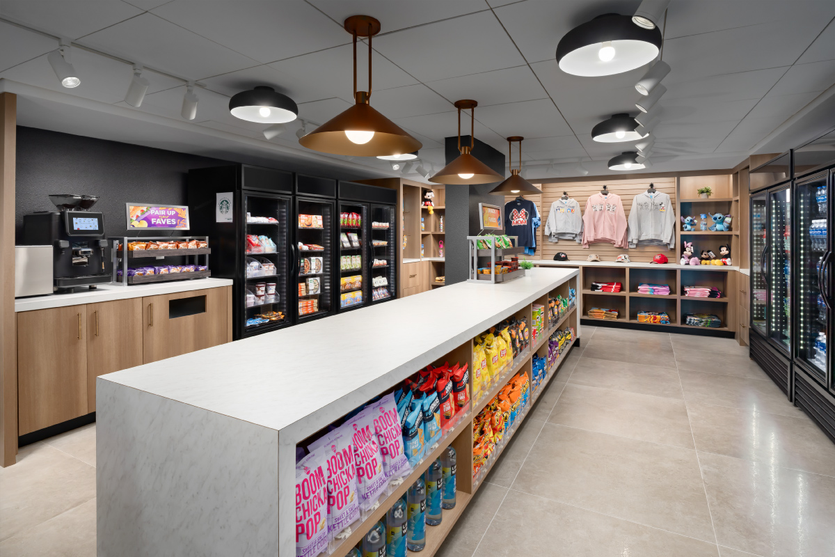 lobby market with popcorn, cold drinks, coffee and snacks