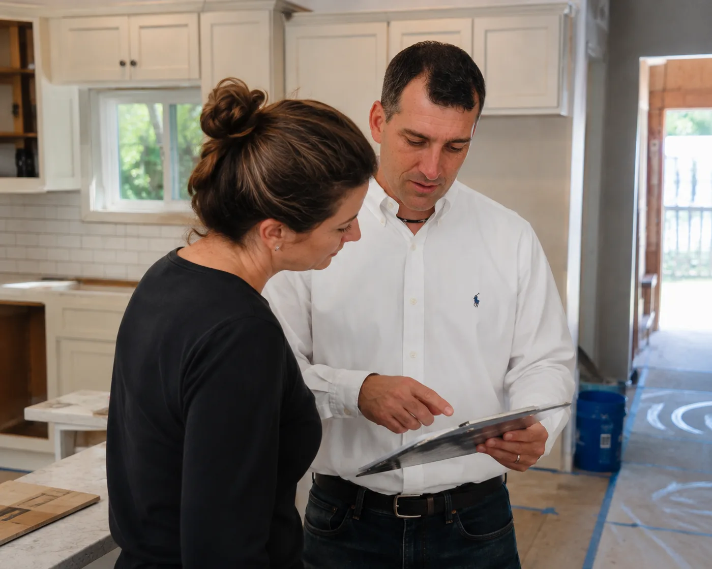 Todd reviewing a renovation plan with a homeowner at an initial meeting