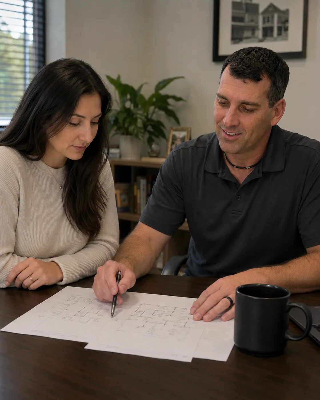 Reviewing floor plans and a detailed estimate at the office