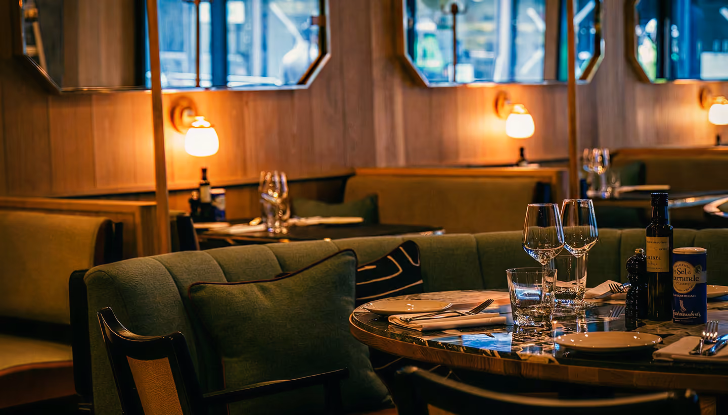 Dimly lit restaurant interior with tables set with glasses and a wine display behind glass panels.