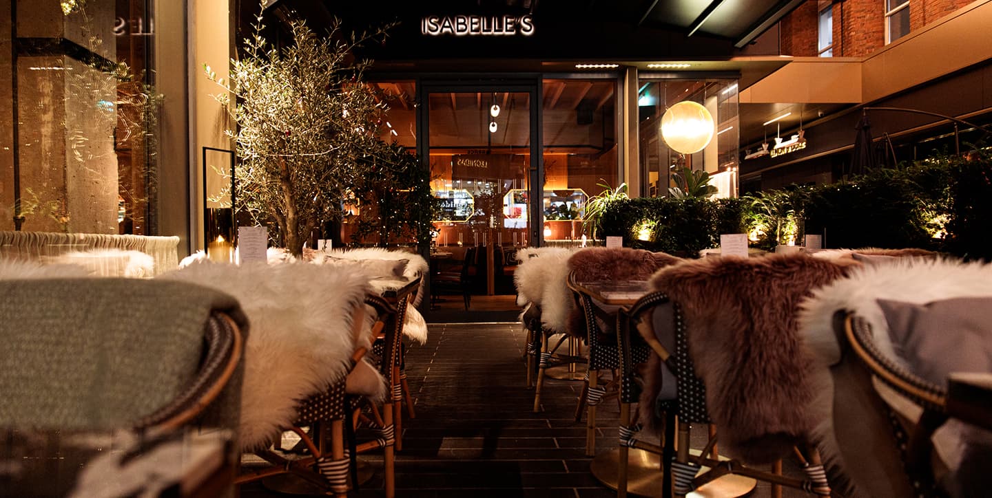 Outdoor restaurant seating with cozy fur-covered chairs and warm ambient lighting at night.