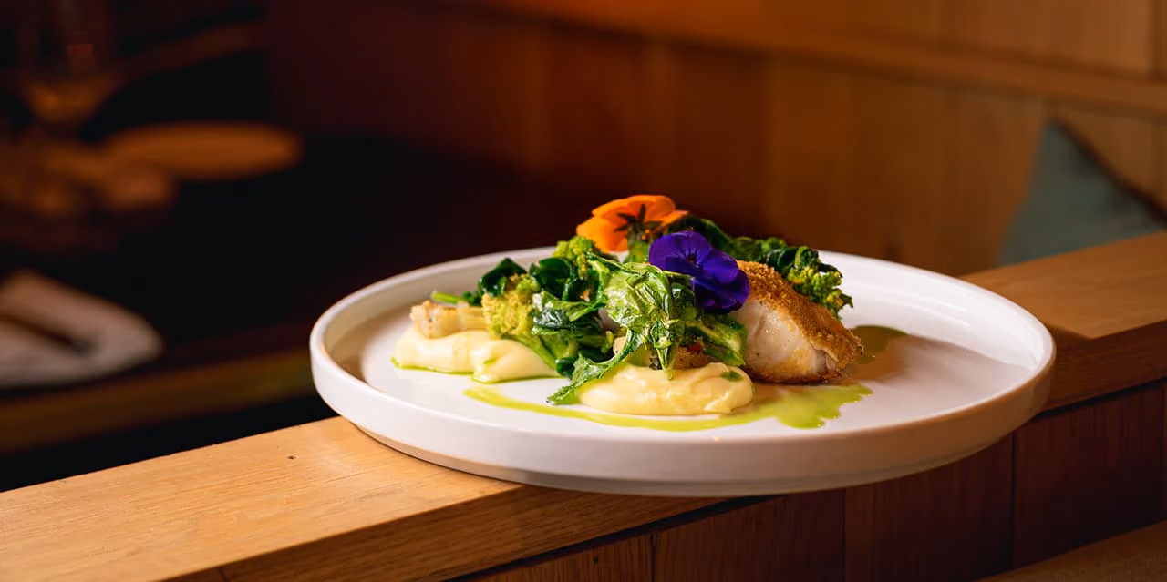 A festive plate at Isabelle's, garnished with edible flowers