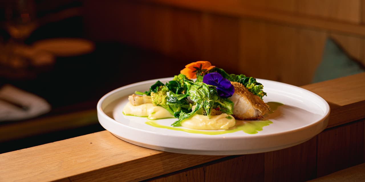 A festive plate at Isabelle's, garnished with edible flowers