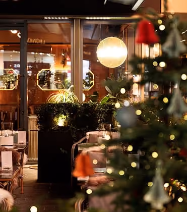 A decorated Christmas tree at the door of Isabelle's
