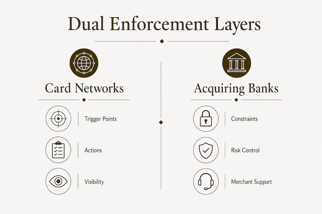 Infographic showing dual enforcement layers in merchant platforms