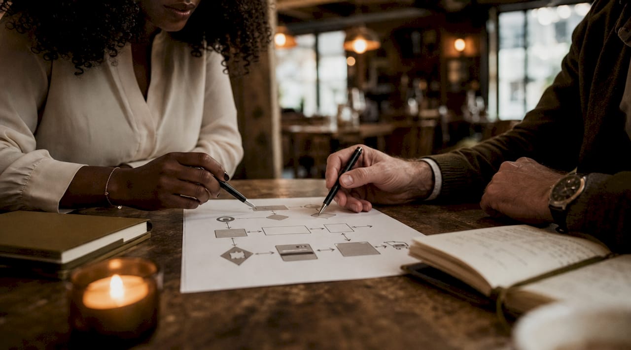 Hands pointing at payment flowchart in meeting