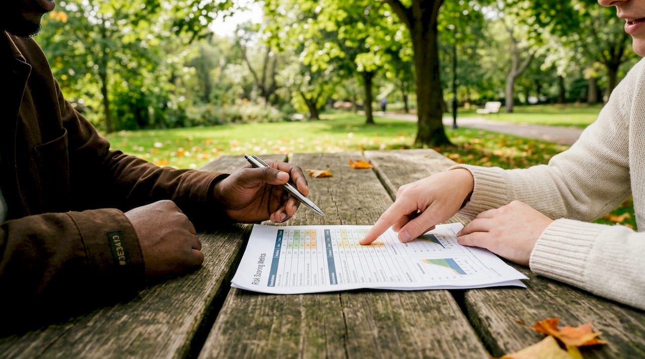 Hands pointing at risk scoring metrics table at café