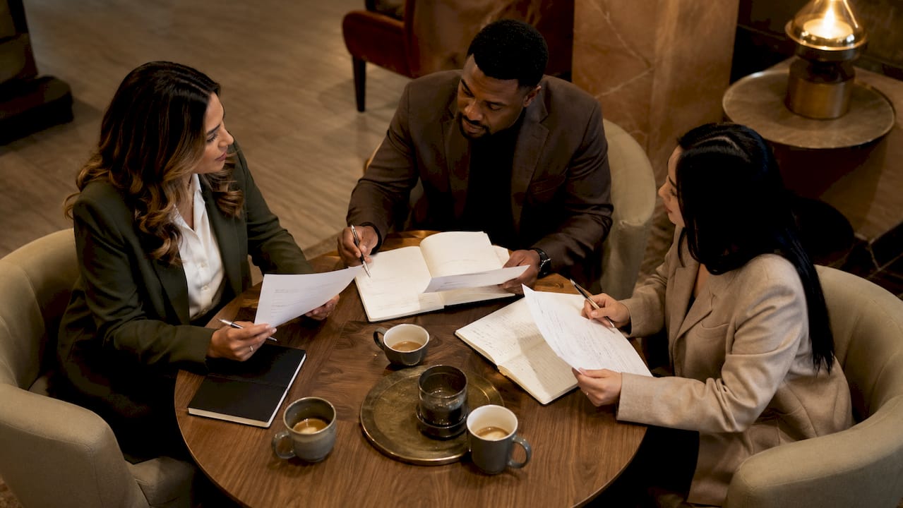 Team auditing compliance documents in meeting room